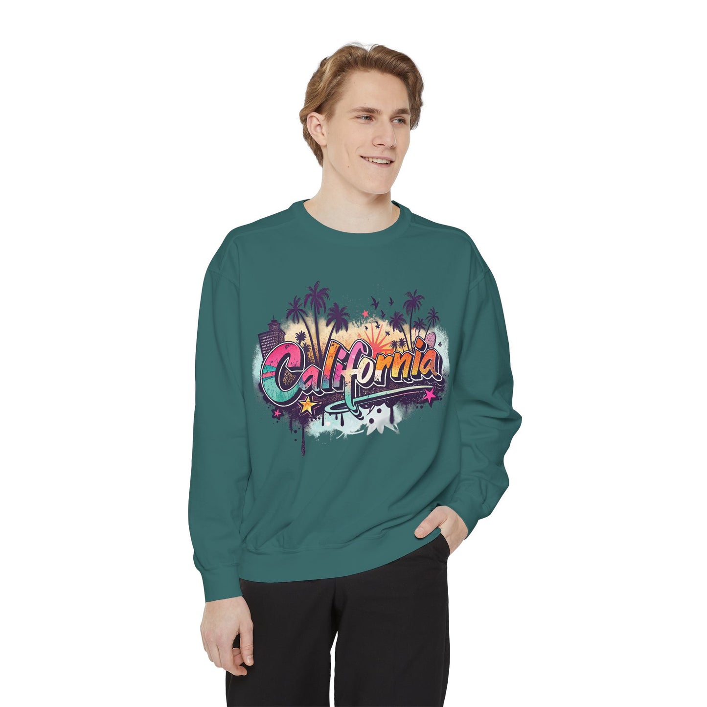 California Vibes Garment-Dyed Sweatshirt, Cozy Unisex Sweatshirt, Summer Apparel, Travel Gift, Beachwear, Casual Outfit