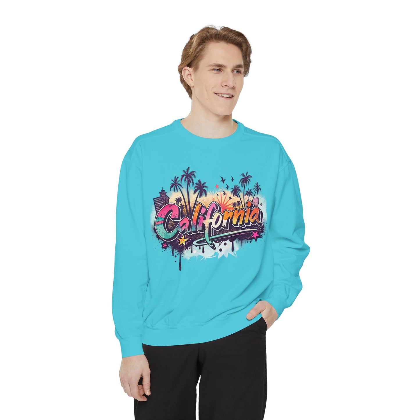 California Vibes Garment-Dyed Sweatshirt, Cozy Unisex Sweatshirt, Summer Apparel, Travel Gift, Beachwear, Casual Outfit
