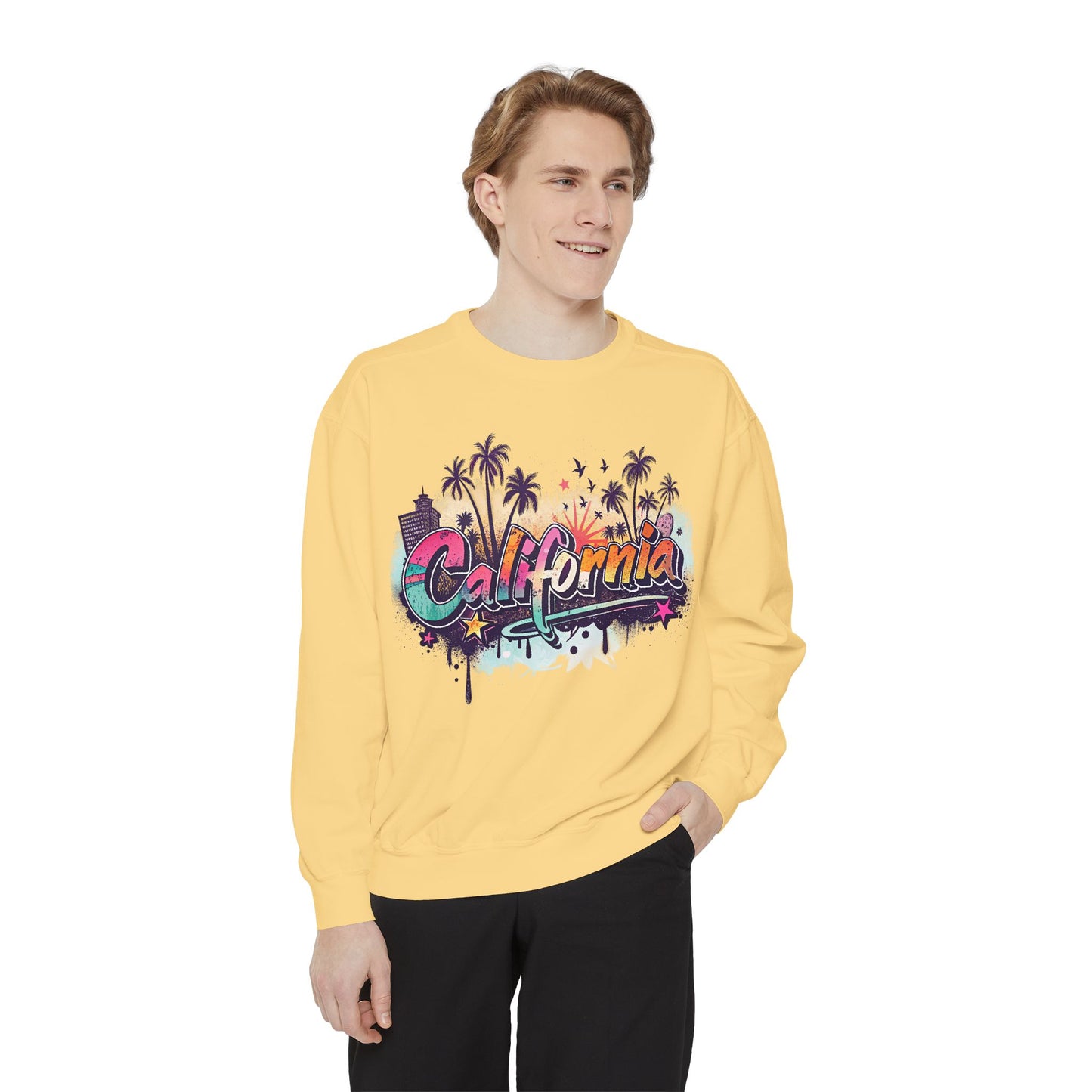 California Vibes Garment-Dyed Sweatshirt, Cozy Unisex Sweatshirt, Summer Apparel, Travel Gift, Beachwear, Casual Outfit