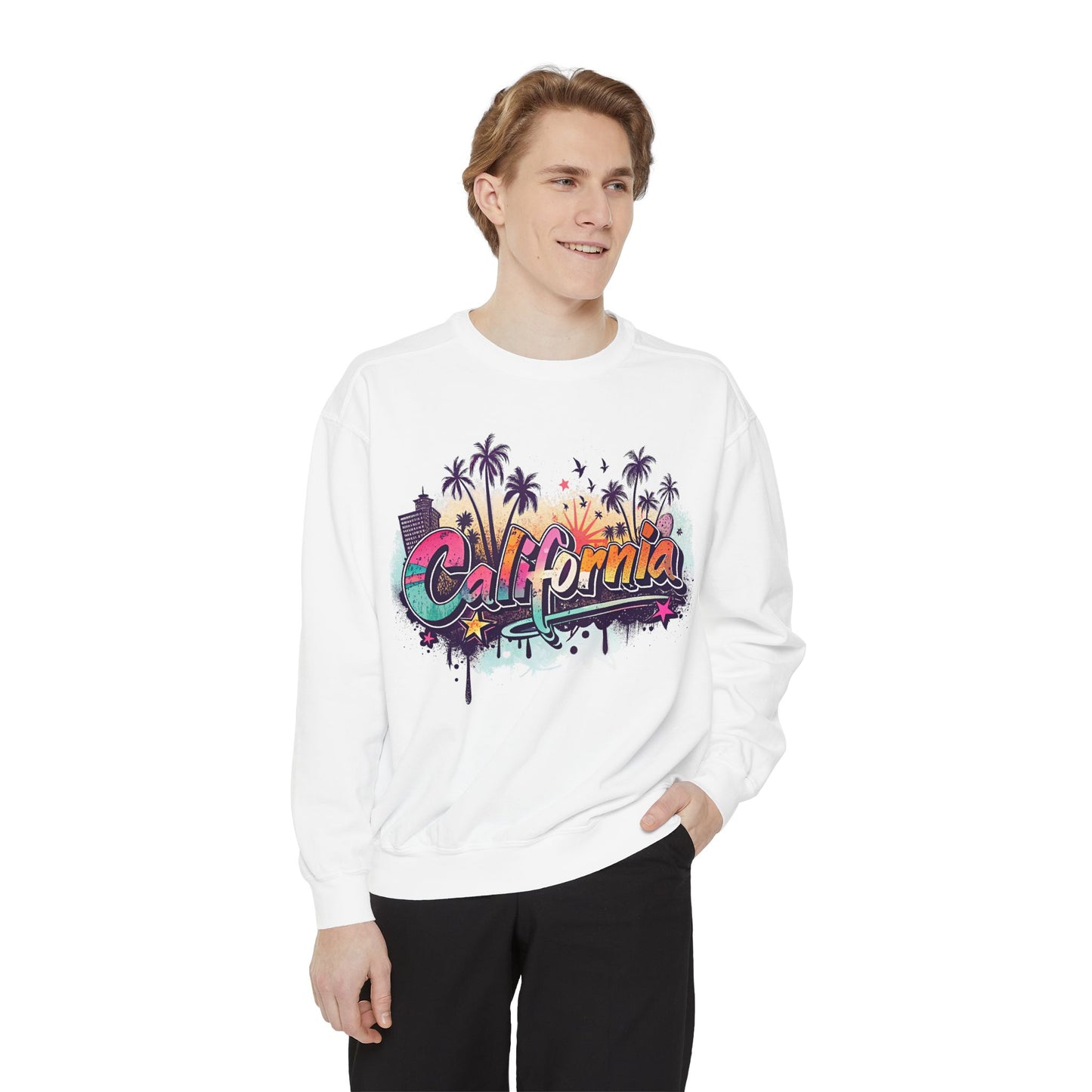 California Vibes Garment-Dyed Sweatshirt, Cozy Unisex Sweatshirt, Summer Apparel, Travel Gift, Beachwear, Casual Outfit