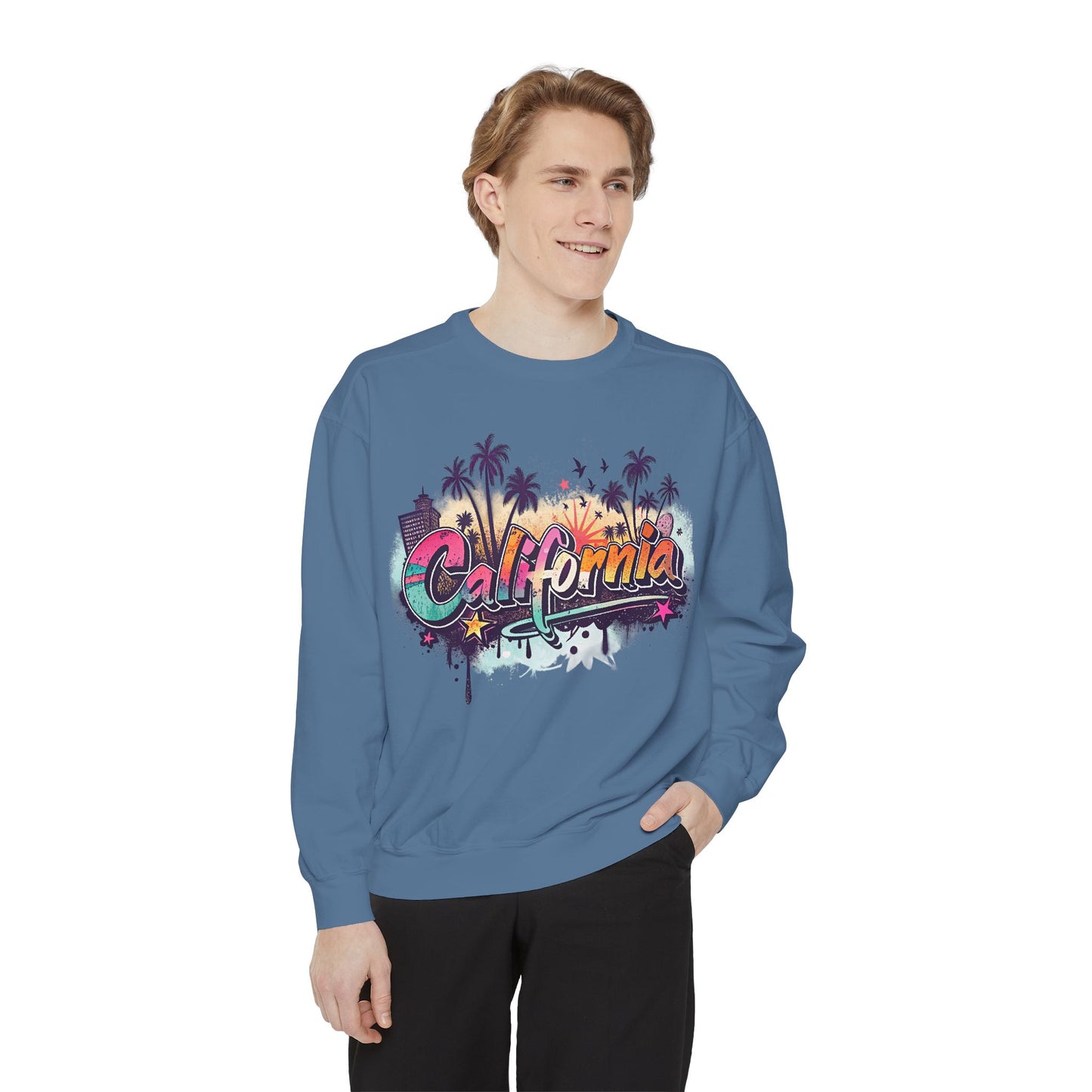 California Vibes Garment-Dyed Sweatshirt, Cozy Unisex Sweatshirt, Summer Apparel, Travel Gift, Beachwear, Casual Outfit