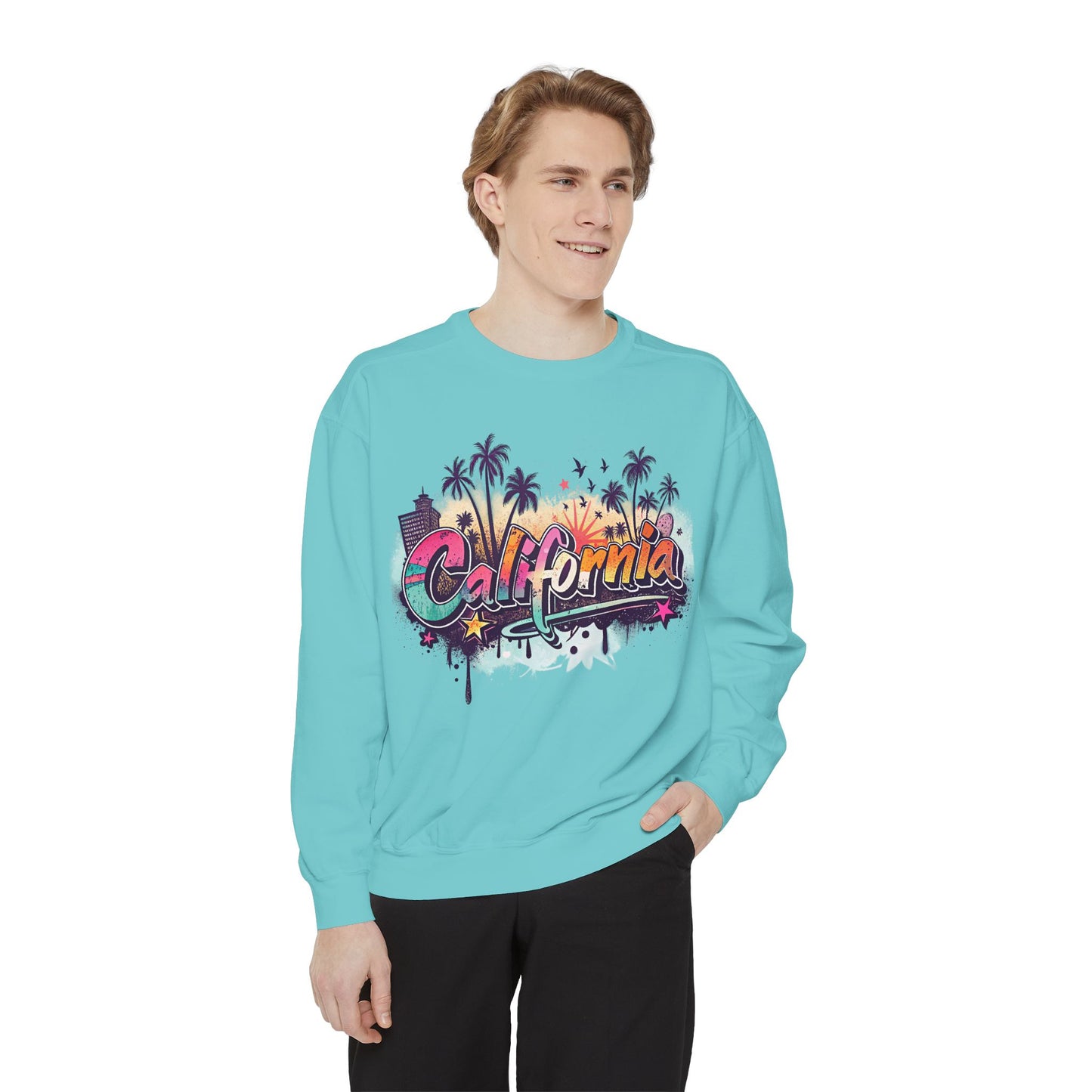 California Vibes Garment-Dyed Sweatshirt, Cozy Unisex Sweatshirt, Summer Apparel, Travel Gift, Beachwear, Casual Outfit