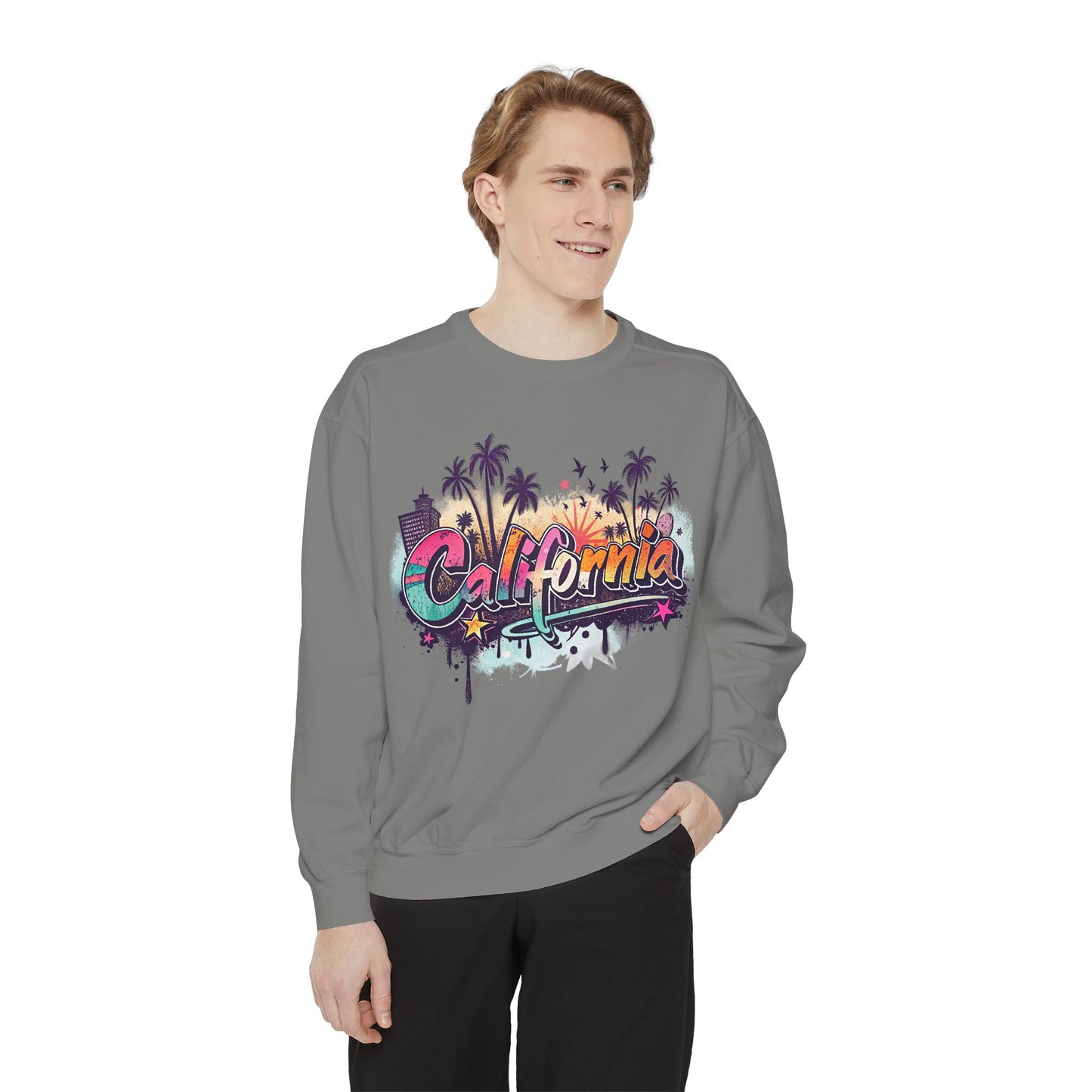California Vibes Garment-Dyed Sweatshirt, Cozy Unisex Sweatshirt, Summer Apparel, Travel Gift, Beachwear, Casual Outfit