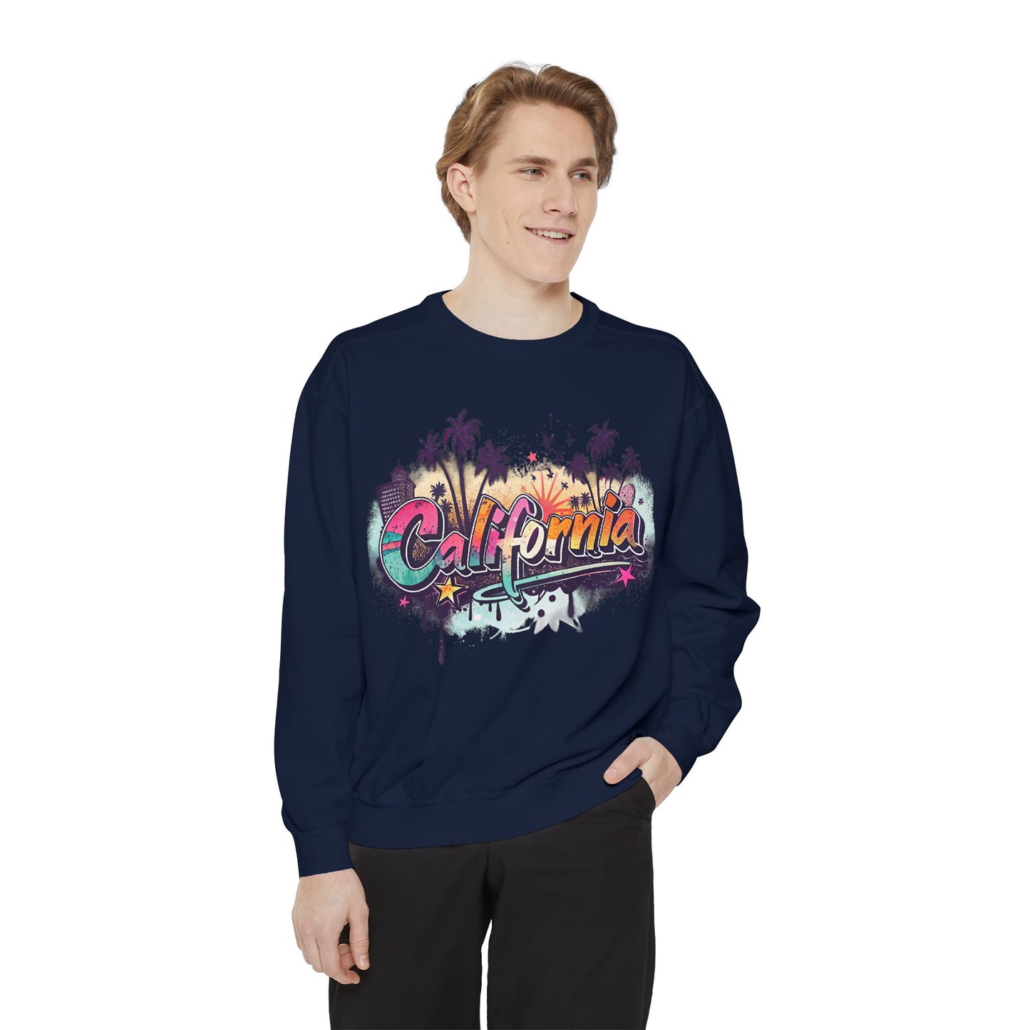 California Vibes Garment-Dyed Sweatshirt, Cozy Unisex Sweatshirt, Summer Apparel, Travel Gift, Beachwear, Casual Outfit
