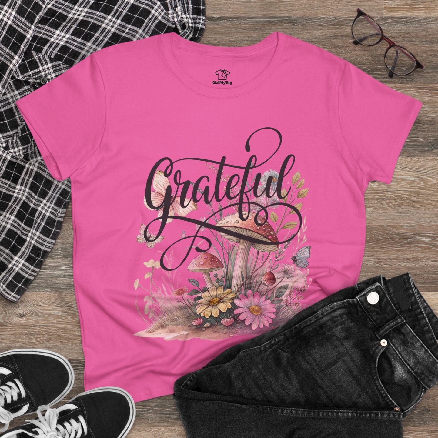 Grateful Women's Cotton Tee, Vintage Style Tee, Flower Tee, Gift for Her, Daily Wear, Nature Lover Shirt
