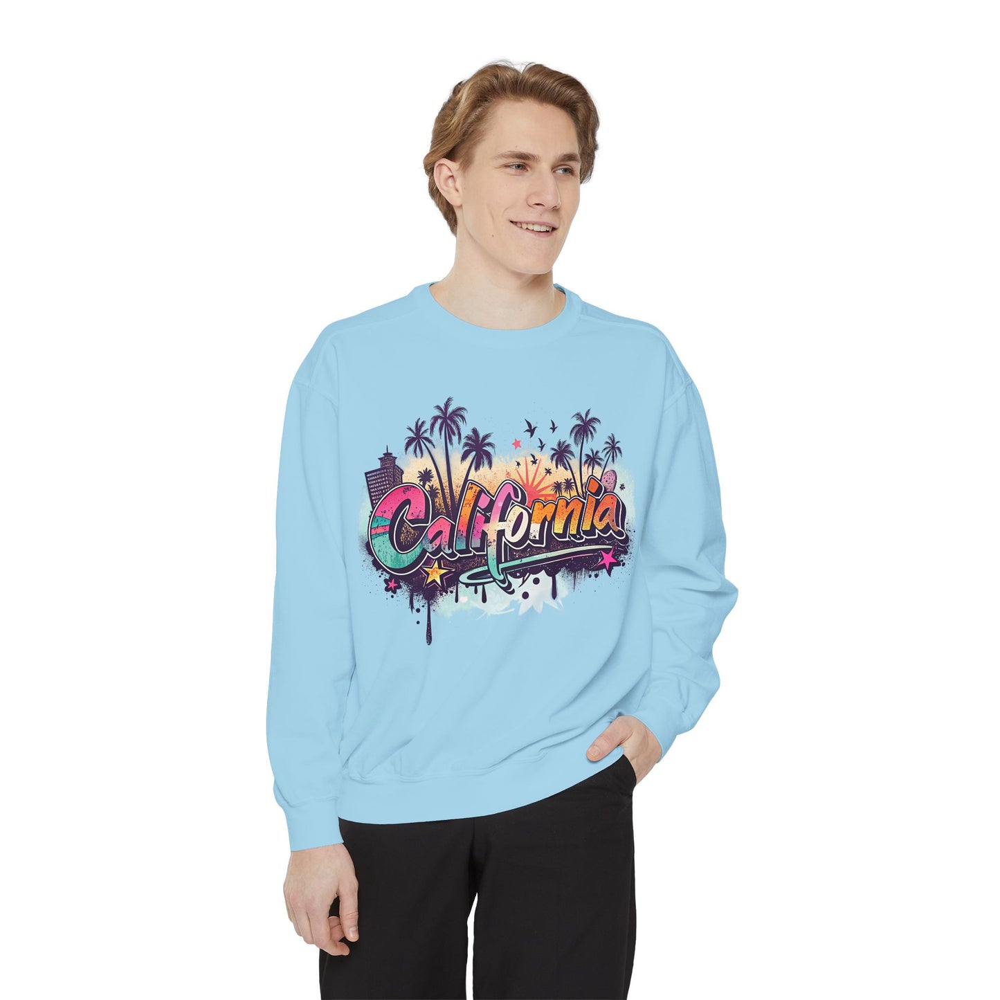 California Vibes Garment-Dyed Sweatshirt, Cozy Unisex Sweatshirt, Summer Apparel, Travel Gift, Beachwear, Casual Outfit