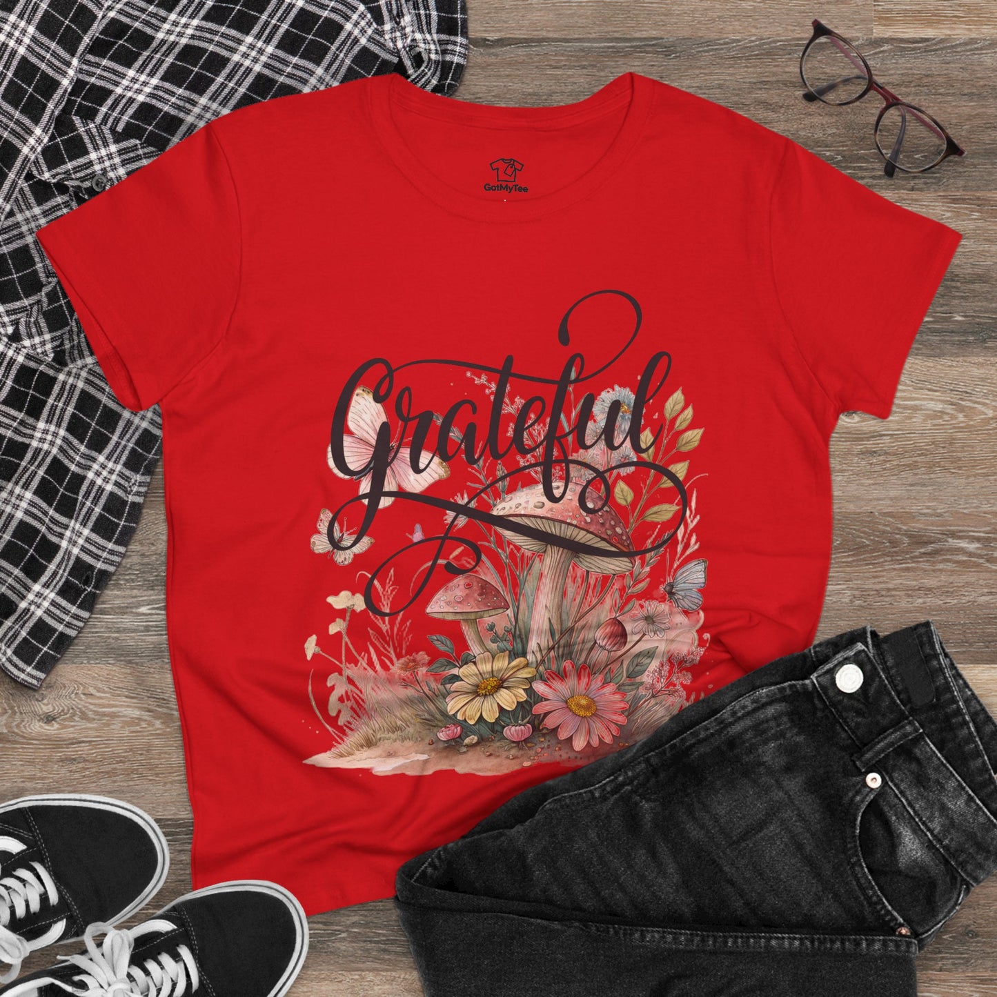 Grateful Women's Cotton Tee, Vintage Style Tee, Flower Tee, Gift for Her, Daily Wear, Nature Lover Shirt