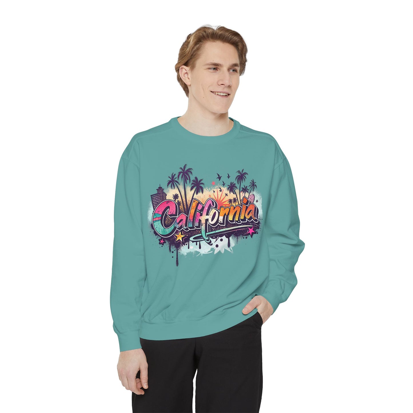 California Vibes Garment-Dyed Sweatshirt, Cozy Unisex Sweatshirt, Summer Apparel, Travel Gift, Beachwear, Casual Outfit
