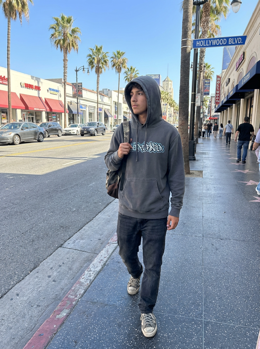 California Graffiti Hoodie – Washed Charcoal Streetwear Pullover | Unisex Vintage Fit