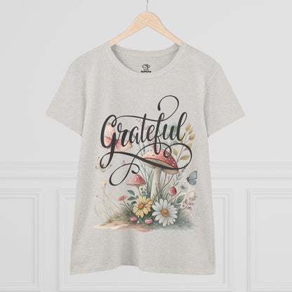 Grateful Women's Cotton Tee, Vintage Style Tee, Flower Tee, Gift for Her, Daily Wear, Nature Lover Shirt