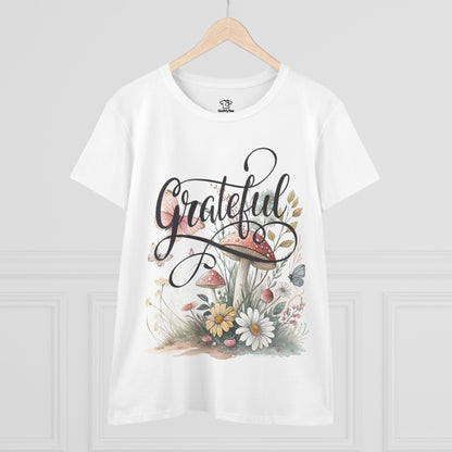Grateful Women's Cotton Tee, Vintage Style Tee, Flower Tee, Gift for Her, Daily Wear, Nature Lover Shirt