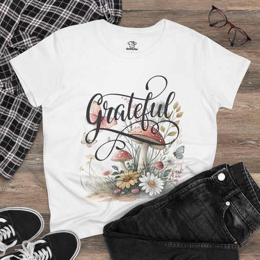 Grateful Women's Cotton Tee, Vintage Style Tee, Flower Tee, Gift for Her, Daily Wear, Nature Lover Shirt